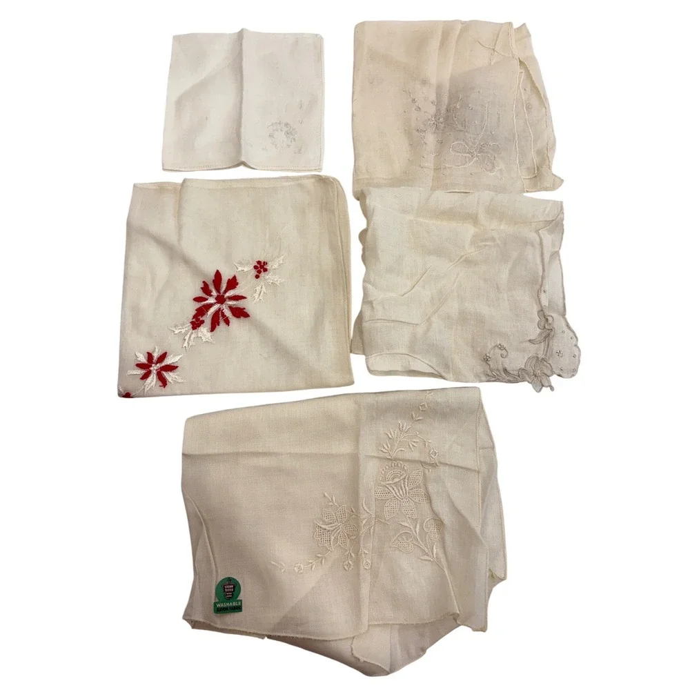 Vintage Handkerchief‎ Lot 5pc Embroidered Floral Lace Rayon White Cream Red